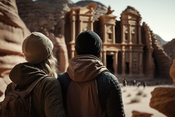 Obraz premium An Unforgettable Jordanian Adventure: Visiting the Monastery at Petra with Your Partner, Generative AI