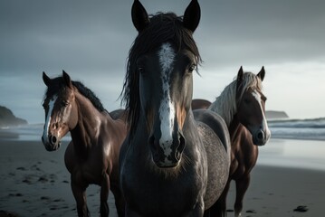 Fototapeta na wymiar Beautiful horses on the beach. Ai generative.