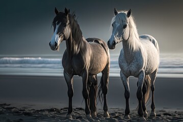 Naklejka na ściany i meble Beautiful horses on the beach. Ai generative.