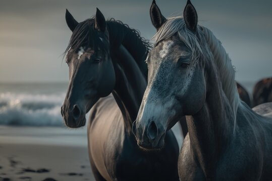 Beautiful horses on the beach. Ai generative.