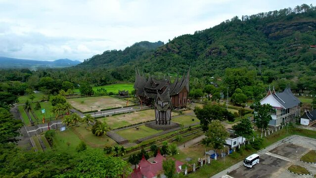 Aerial view of Istano Baso Pagar Ruyung, a heritage building with traditional Minangkabau design at Tanah Datar. Rumah Gadang Istana Basa Pagaruyung. 