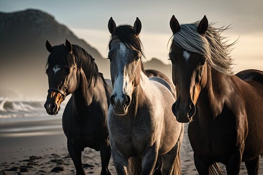 Beautiful horses on the beach. Ai generative.