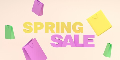 Spring sale. 3d Colorful paper shopping flying bags on yellow background. Creative idea for shopping sale. Render of 3d text.