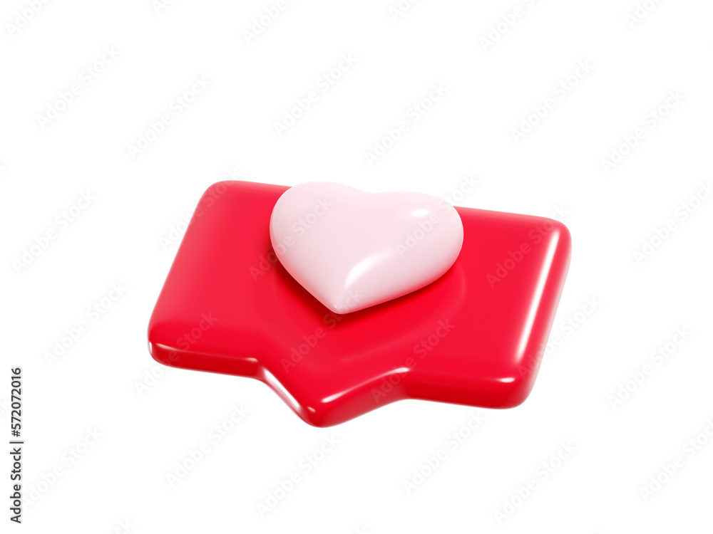 Poster speech bubble with heart 3d render icon - red love message or social media like notifications. roman