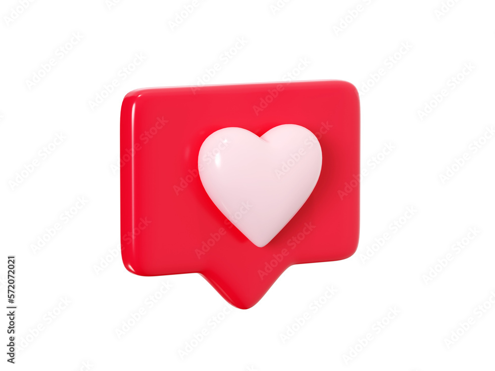 Poster speech bubble with heart 3d render icon - red love message or social media like notifications. roman