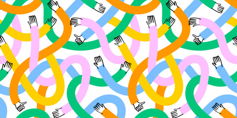 Diverse colorful people hands together seamless pattern illustration. Funny multicolor hand community background print. Friend team, business teamwork or community help texture drawing.