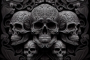 Skull ornament. Dark background. Ai generative.