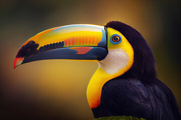 Fototapeta premium Toucan in the jungle with a beautiful yellow beak. Ai generative