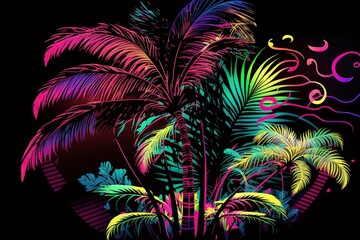 Fototapeta na wymiar illustration, tropical palm trees with neon lights, ai generative
