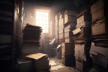 Dark room fool of papers archive room with cardboard boxes and piles of paperwork. Generative AI Illustration - obrazy, fototapety, plakaty