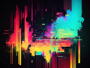 Digital glitch art image is an explosion of vibrant neon colors and distorted shapes, evoking a sense of energy and excitement. The glitch effect adds a unique and edgy feel, while the bold hues.