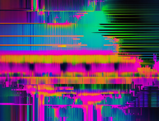 Digital glitch art image is an explosion of vibrant neon colors and distorted shapes, evoking a sense of energy and excitement. The glitch effect adds a unique and edgy feel, while the bold hues.