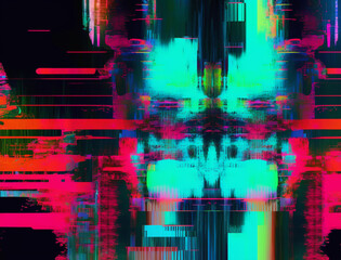 Digital glitch art image is an explosion of vibrant neon colors and distorted shapes, evoking a sense of energy and excitement. The glitch effect adds a unique and edgy feel, while the bold hues.