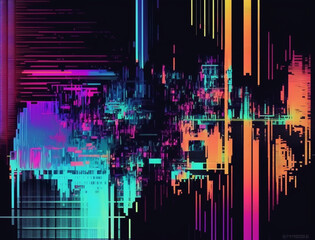 Digital glitch art image is an explosion of vibrant neon colors and distorted shapes, evoking a sense of energy and excitement. The glitch effect adds a unique and edgy feel, while the bold hues.