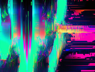 Digital glitch art image is an explosion of vibrant neon colors and distorted shapes, evoking a sense of energy and excitement. The glitch effect adds a unique and edgy feel, while the bold hues.