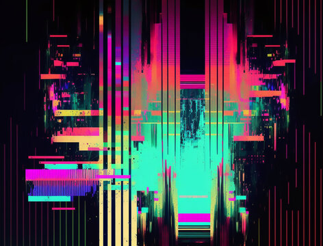 Digital glitch art image is an explosion of vibrant neon colors