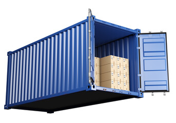 Sea container 20 feet. Blue container with open gates. Pools with boxes. 3D Render