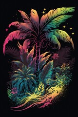 illustration, tropical palm trees with neon lights, ai generative
