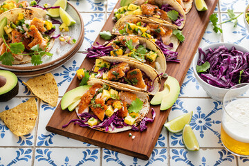 Fish tacos with mango salsa and red cabbage