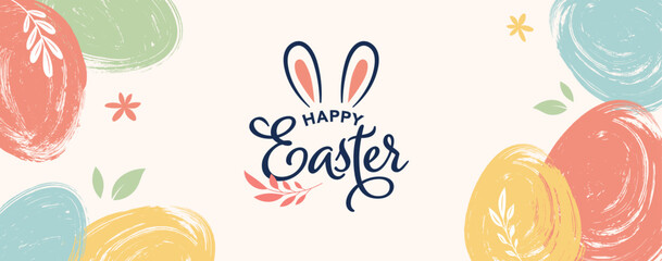 Happy Easter. Bunnies, eggs and flowers. Modern style design, pastel colors