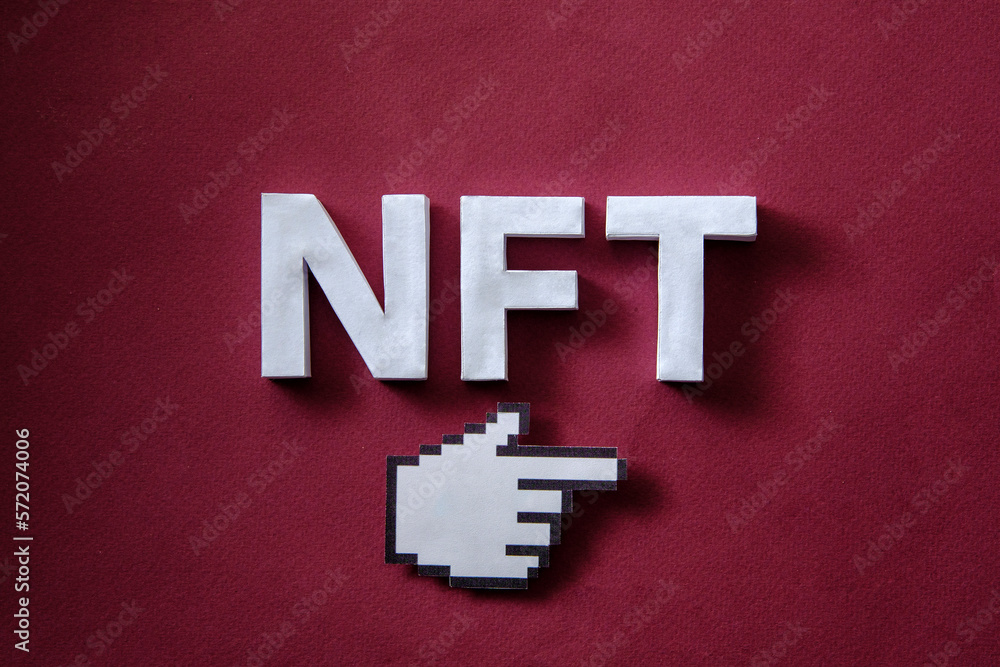 Poster nft token on the blockchain in the digital online space and pixel mouse finger pointer concept of mo