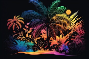 Fototapeta na wymiar illustration, tropical palm trees with neon lights, ai generative