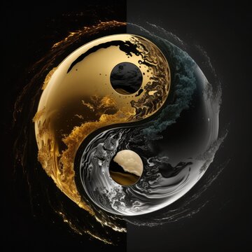 air and water yin yang with black and gold digital art illustration. Generative AI