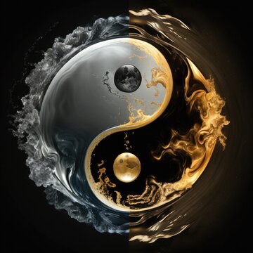 air and water yin yang with black and gold digital art illustration. Generative AI
