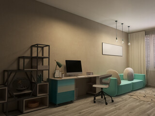 Room interior, table, computer 3d render, 3d illustration