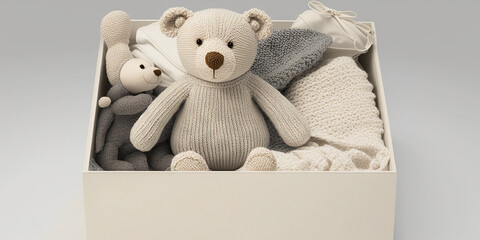 Cute teddy bear and box with knitted baby clothes. Generative AI