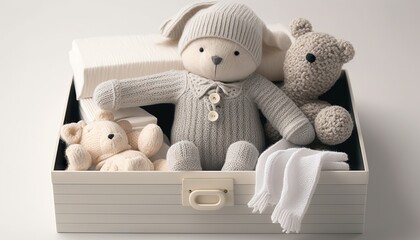 Cute teddy bear and box with knitted baby clothes. Generative AI