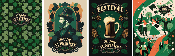Fototapeta Happy St. Patrick's Day. Beer festival holiday vector illustrations, pattern, dancing people for poster, background or greeting card obraz