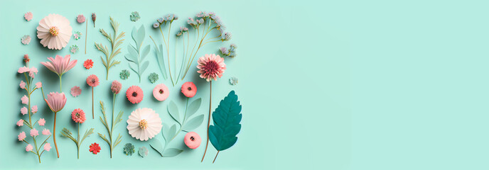 Flat lay creative illustration concept of fresh field Spring flowers on a pastel blue background. Beautiful pink bloomed flowers, Abstract Background, generative AI