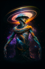 Generative AI, an alien with a bunch of iridescent details against the backdrop of cosmic extraterrestrial rings.