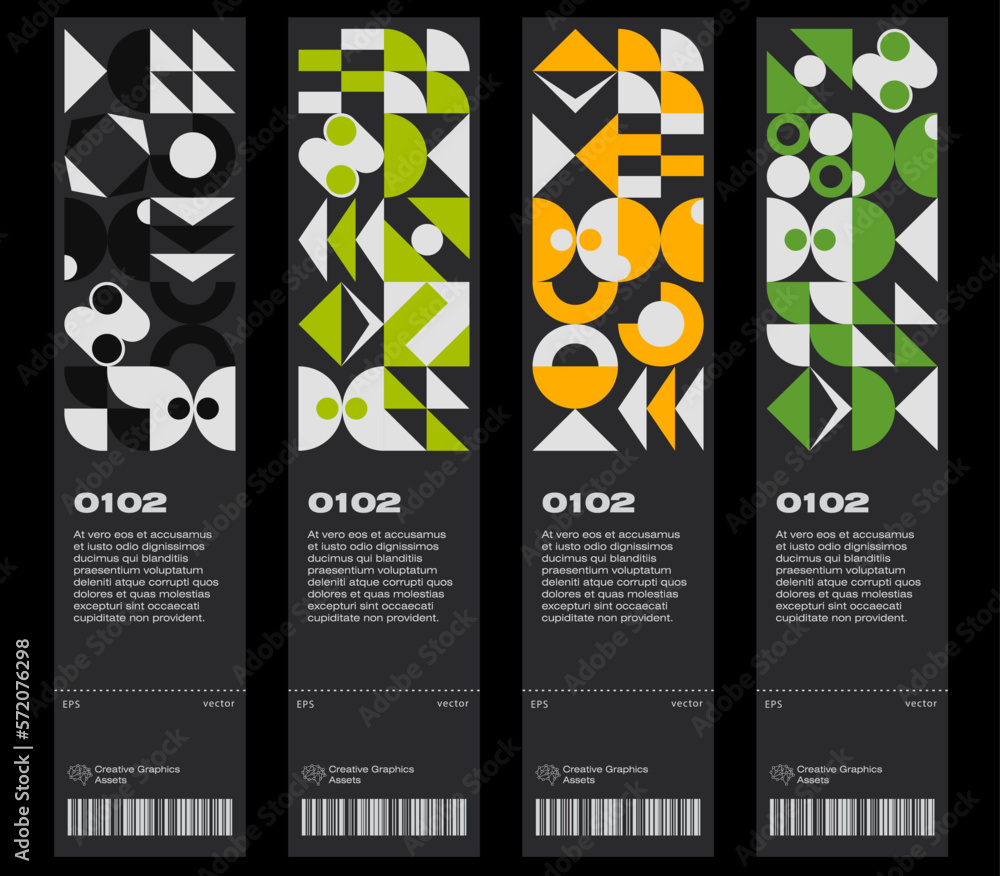 Poster ticket vector template layout with abstract bauhaus geometric pattern, vector circle, triangle, and 