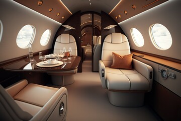 Interior of luxurious private jet with leather seats.
Generative AI