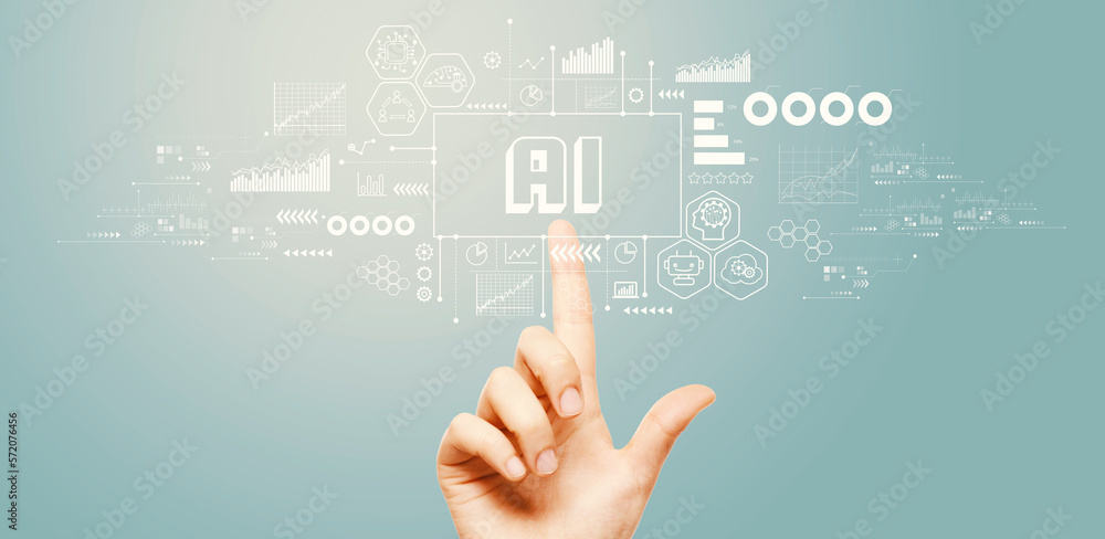 Poster ai theme with hand pressing a button on a technology screen