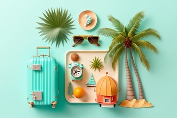 Summer vacation concept with beach house, tropical palms and travel items on pastel blue background with creative copy space. Minimal summer travel background.
Generative AI