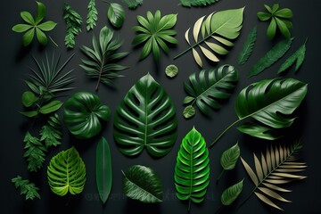 Fototapeta na wymiar Creative layout made of tropical flowers and leaves. Flat lay. Nature concept. Generative AI