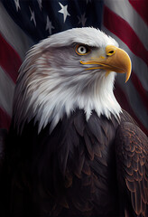 Obraz premium bald eagle with United States flag in the background - generative ai 