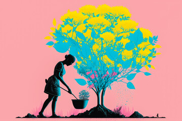 The Silhouette of A woman nursing  to a small tree with her watering can, isolated, spring themed colorful pink, blue, yellow,  generative ai artwork, wallpaper, spray paint, splatter paint, vector, w