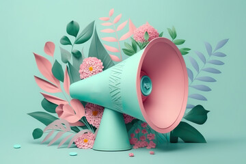 Pink megaphone with colorful summer flowers and green leaves against pastel blue background. Advertisement idea. Minimal nature concept.
Generative AI