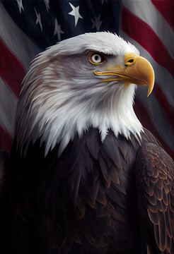 bald eagle with United States flag in the background - generative ai 