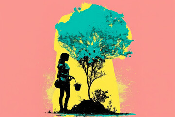 Obraz na płótnie Canvas The Silhouette of A woman nursing to a small tree with her watering can, isolated, spring themed colorful pink, blue, yellow, generative ai artwork, wallpaper, spray paint, splatter paint, vector, w