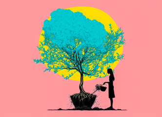 The Silhouette of A woman giving water to a small tree with her watering can, isolated colorful pink, blue, yellow,  generative ai artwork, wallpaper, spray paint, splatter paint, vector, woodblock, s