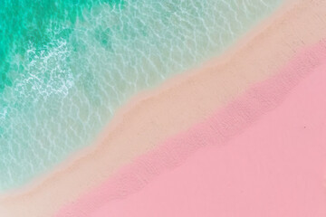 Fototapeta na wymiar Spectacular top view from drone photo of beautiful pink beach, Generative AI