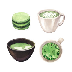 Watercolor realistic cup of hot green Japanese tea matcha latte drink set. Teacup hand-drawn illustration isolated on white background. Perfect for banner, menu, flyer, brochure template
