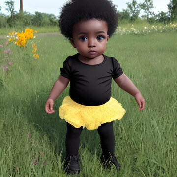 A very cute and little Afro-American child playing in the grass