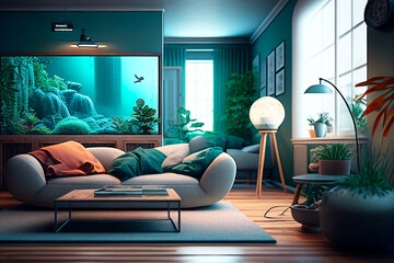 contemporary living room with aquarium real estate