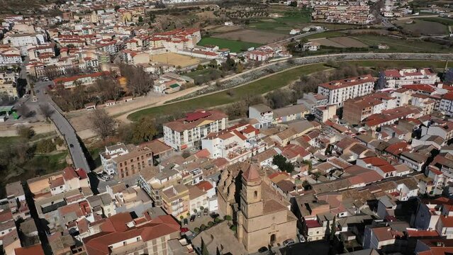 Aerial 4K video from drone to city of Loja and Church of the Incarnation with Moorish Alcazaba and Gorda Peak at Loja ,Granada, Andalusia, Spain, Europe (Series)